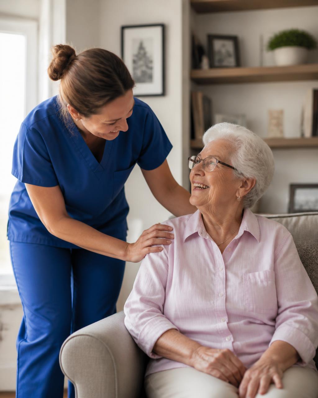 A caregiver supporting a senior woman in her living room