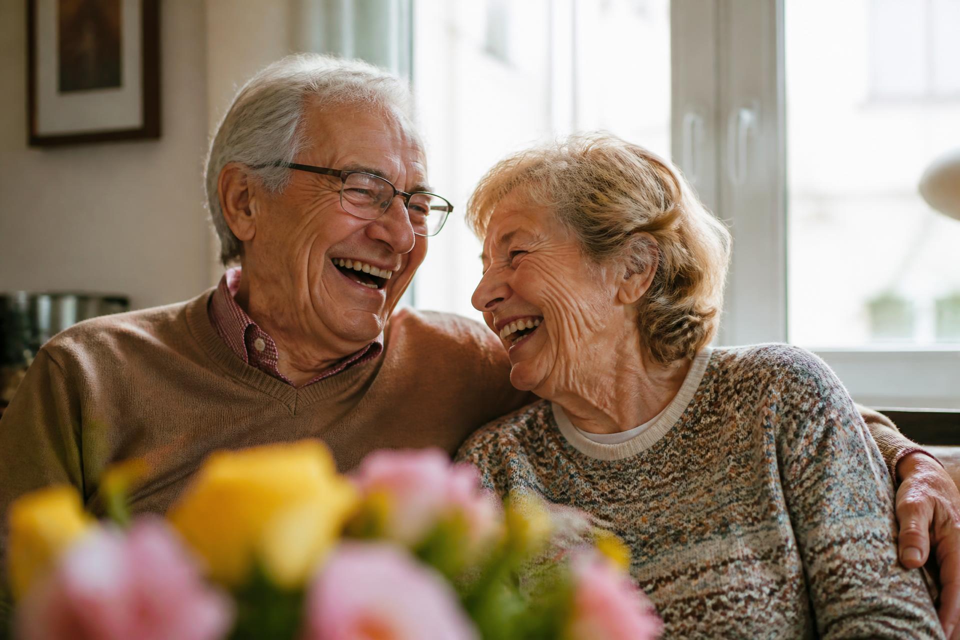 An elderly couple laughing together at home